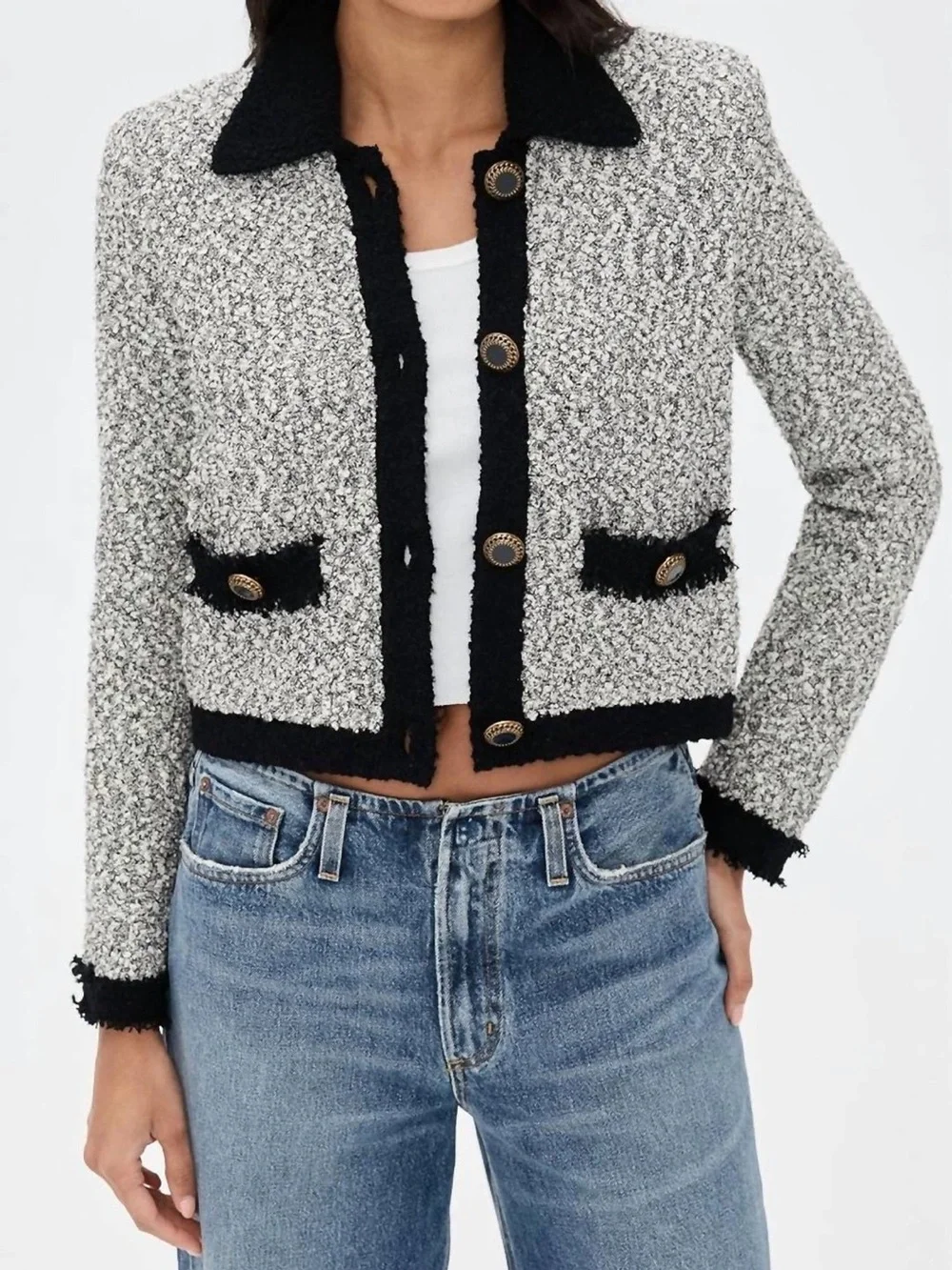 L’AGENCE Arielle Tweed Bouclé Jacket White Black Gold Buttons Designer